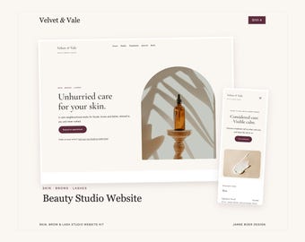 May include: A website design for Velvet & Vale featuring a desktop and mobile view. The layout displays text reading Unhurried care for your skin, a brown glass dropper bottle on a pedestal, and a mobile screen showing a cream texture.