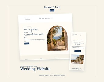 May include: A digital wedding website template titled Limone & Lace, featuring a desktop and mobile view. The design includes dark blue text on a cream background, with an arched image of a coastal dining setting and the text We are getting married.