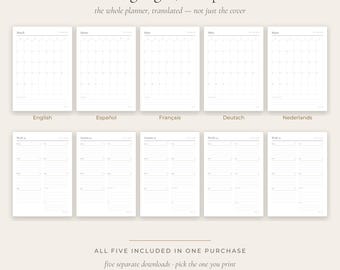 May include: A digital planner set featuring ten pages in five languages: English, Spanish, French, German, and Dutch. The layout includes monthly calendar grids and weekly task lists with headers like Five languages, one planner and ALL FIVE INCLUDED IN ONE PURCHASE.