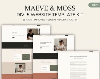 May include: A digital website template kit titled Maeve & Moss Divi 5, featuring 18 page templates with a global header and footer. The design displays a neutral color palette of cream, black, and terracotta, showcasing various web page layouts.