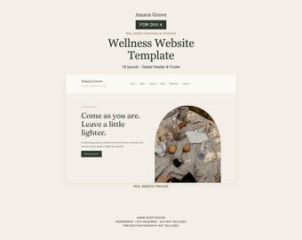 May include: A digital wellness website template titled Amara Grove for Divi 4, featuring 18 layouts, a global header and footer, and a preview showing a webpage with the text Come as you are. Leave a little lighter and a picnic scene in an arch.
