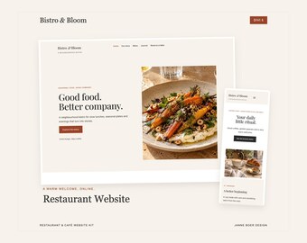 May include: A website design template for Bistro & Bloom featuring a desktop view with a roasted carrot dish and a mobile view showing a coffee and pastry. The text reads Good food. Better company. and Your daily little ritual.