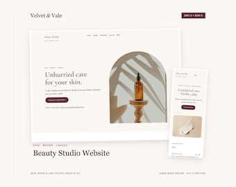 May include: A website design mockup for Velvet & Vale skin and brow studio, featuring a desktop view with an amber glass bottle on a pedestal and a mobile view showing a cream texture, all set against a light cream background with dark text.