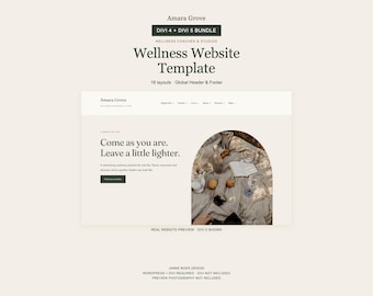 May include: A digital wellness website template titled Amara Grove, featuring a Divi 4 and Divi 5 bundle for wellness coaches and studios. The layout includes 18 pages, a global header and footer, and displays text reading Come as you are.