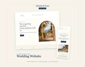 May include: A digital wedding website template titled Limone & Lace, featuring a desktop and mobile layout. The design includes cream backgrounds, dark blue text, and an arched image of a coastal scene with a table setting and lemon trees.