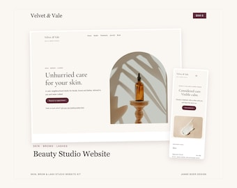 May include: A website design template for Velvet & Vale skin, brow, and lash studio. The layout features a desktop view with an amber glass dropper bottle on a pedestal and a mobile view showing a cream sample and text.