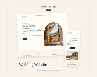 May include: A digital wedding website template titled Limone & Lace featuring a desktop and mobile view. The design includes cream backgrounds, dark blue text, and an arched image of a coastal landscape. Text includes Mila + Oliver, We are getting married, and A little bit of forever by the sea.
