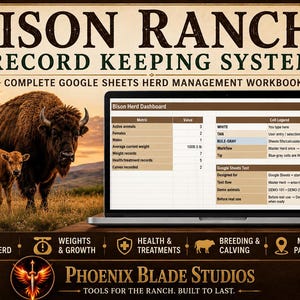 Puede incluir: Un sistema digital de registro para ranchos de bisontes mostrado en una pantalla de portátil, con un panel de control de métricas. El fondo muestra un bisonte y una cría en un campo al atardecer. El texto incluye Bison Ranch Record Keeping System y Phoenix Blade Studios.