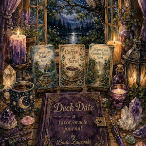 Może przedstawiać: Fioletowy dziennik zatytułowany Deck Date a tarot/oracle journal by Linda Zaworski, otoczony trzema taliami tarota z napisami Treasure Island, Coffee & Tarot oraz Beyond the Garden Gates, świecami, kryształami, kubkiem i długopisem na drewnianym stole.