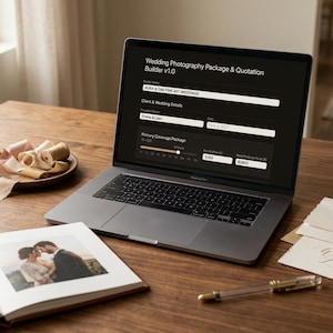 May include: A laptop displaying a Wedding Photography Package & Quotation Builder v1.0 interface, featuring input fields for studio name, client details, and coverage packages, alongside an open photo album, a pen, and decorative ribbons.
