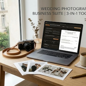 May include: A laptop displaying a wedding photographer business suite 3-in-1 toolkit interface, a digital camera with a tan leather strap, three printed photographs, a ceramic mug, and a gold pen on a wooden desk near a window.
