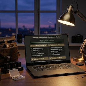 Pode incluir: Um computador portátil preto exibindo uma lista de verificação interativa de fotografia de casamento com status 100% verificado, posicionado sobre uma mesa com uma luminária de metal, uma bolsa de câmera de couro, lentes, cartões de memória e um caderno.