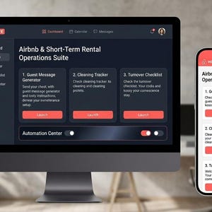 Könnte beinhalten: Ein Computermonitor und ein Smartphone mit der Benutzeroberfläche der Host Suite Airbnb & Short-Term Rental Operations Suite. Die dunkle Desktop- und helle Mobilansicht zeigen Funktionen wie einen Gästenachrichten-Generator, Reinigungs-Tracker und eine Checkliste mit roten Start-Buttons.