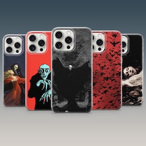 May include: Five smartphone cases featuring gothic and horror-themed illustrations. Designs include a skeleton with a figure in a red dress, a pale vampire, a dark cloaked figure in a graveyard, a red background with black bats, and a portrait of a face.