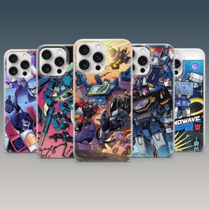 Könnte beinhalten: Fünf Smartphone-Hüllen mit farbenfrohen Illustrationen von Transformers-Charakteren, darunter Soundwave, mit Roboter-Designs, violetten Decepticon-Logos und dynamischen Actionszenen vor kosmischen und mechanischen Hintergründen.
