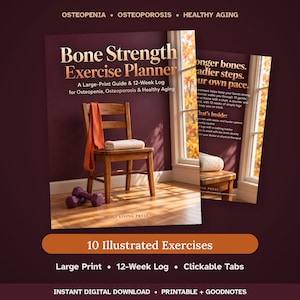 Op de afbeelding: Een Bone Strength Exercise Planner gids en 12-weken logboek in groot lettertype. De cover toont een houten stoel met een oranje weerstandsband, een opgevouwen handdoek en paarse dumbbells op een houten vloer. Tekst bevat Quiet Living Press.