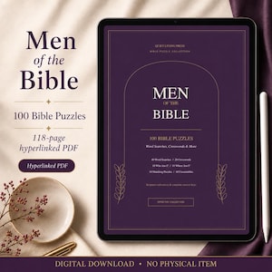 Op de afbeelding: Een digitale tablet met de paarse omslag van een puzzelboek getiteld Men of the Bible, 100 Bible Puzzles, 118-page hyperlinked PDF. Het scherm toont een boogvormig kader, gouden tekst en somt puzzeltypes op zoals woordzoekers en kruiswoordraadsels.