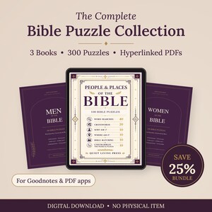 May include: The Complete Bible Puzzle Collection includes three digital books with 300 puzzles and hyperlinked PDFs. The central cover reads People & Places of the Bible, 100 Bible Puzzles, featuring word searches, crosswords, and more.