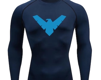 Nightwing Kompressionsshirt nach Maß, langärmeliges Sportshirt im Superhelden-Design, Herren-Sportshirt für Fitnessstudio und Fitnessstudio, Cosplay-Streetwear-T-Shirt