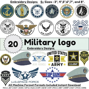 Puede incluir: Una colección de 20 diseños de bordado de logotipos militares con varios emblemas de las fuerzas armadas de los Estados Unidos, incluidos el Ejército, la Armada, la Fuerza Aérea, la Fuerza Espacial y la Guardia Costera. El texto incluye "20 Military logo Embroidery Designs".