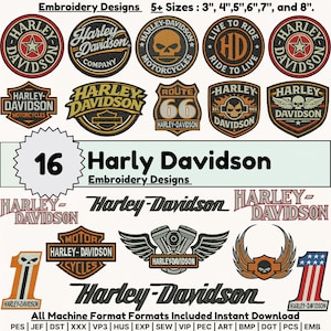 Könnte beinhalten: Eine Sammlung von 16 Harley-Davidson Stickmustern mit verschiedenen Logos, Totenkopfmotiven, Route 66 Emblemen und geflügelten Motorgrafiken in Schwarz, Orange und Weiß. Der Text umfasst Harley-Davidson, Live to Ride und Route 66.
