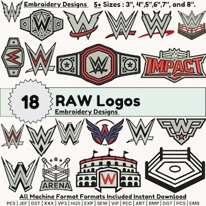 Puede incluir: Una colección de 18 diseños de bordado RAW con varios logotipos de lucha libre, cinturones de campeonato y gráficos de arena en rojo, negro y gris. El texto incluye '18 RAW Logos Embroidery Designs' y '5+ Sizes: 3", 4", 5", 6", 7", and 8".'