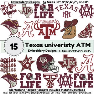 Puede incluir: Una colección de 15 diseños de bordado de la Universidad Texas A&M en granate y blanco. Los gráficos incluyen textos como Gig Em Aggies, For Life y Texas univeristy ATM, junto con logotipos, un casco de fútbol americano, una mascota y el estado de Texas.