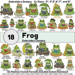 Könnte beinhalten: Eine Sammlung von 18 Frosch-Stickmustern, die grüne Frösche beim Lesen von Büchern in verschiedenen Umgebungen zeigen, mit Texten wie Focus, Read Grow und A book a day. Die Designs sind in den Größen 7,6, 10,2, 12,7, 15,2, 17,8 und 20,3 cm erhältlich.