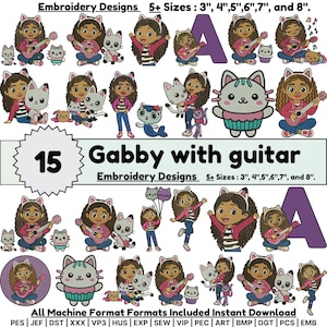 Könnte beinhalten: Eine Sammlung von 15 digitalen Stickmustern mit einem Mädchen mit lockigem braunem Haar und Katzenohren, das oft eine Gitarre hält, begleitet von verschiedenen Katzenfiguren. Text: 15 Gabby with guitar und 5+ Sizes: 3", 4", 5", 6", 7", und 8".