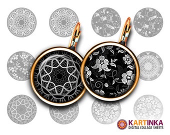 12mm 10mm size Printable Images FLOWERS & LACE Silver Black Download Digital Collage for Earrings Cuff links Pendants Rings Jewelry Crafts