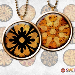 1,5 pollici, 1,25 pollici, 1 pollice Immagini digitali stampabili Scarica Oro nero LEGNO MANDALA per Pendenti rotondi Vassoi lunetta Cabochon di vetro Artigianato