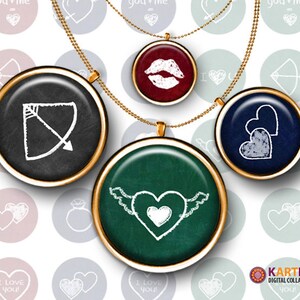 May include: Four round pendants on gold chains, each with a different design: a bow and arrow, a pair of lips, two hearts, and a heart with wings. The pendants are set against a background of pastel-coloured circles with heart and text designs.