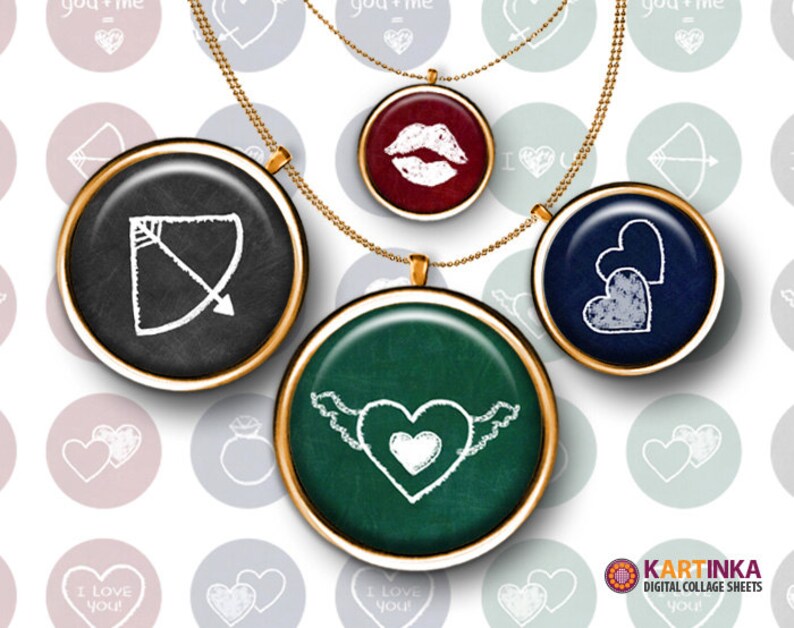 May include: Four round pendants on gold chains, each with a different design: a bow and arrow, a pair of lips, two hearts, and a heart with wings. The pendants are set against a background of pastel-coloured circles with heart and text designs.