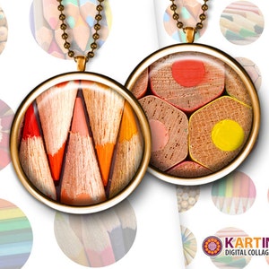 May include: Two round pendant necklaces with gold-colored frames and chains. The pendants feature close-up images of colored pencils. One pendant displays the tips of orange and red pencils, while the other shows the ends of various colored pencils. The background includes additional pencil images.