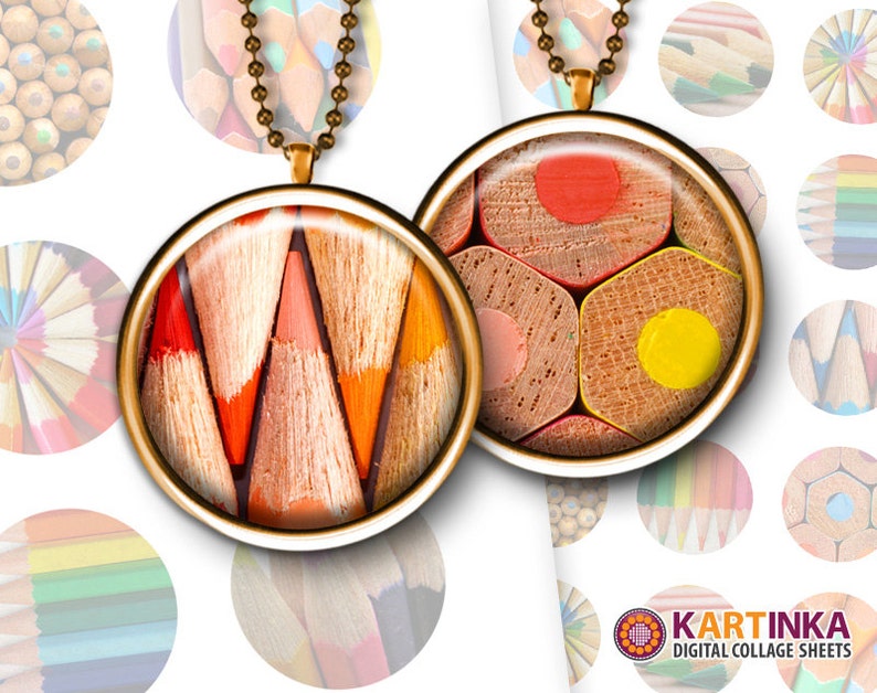 May include: Two round pendant necklaces with gold-colored frames and chains. The pendants feature close-up images of colored pencils. One pendant displays the tips of orange and red pencils, while the other shows the ends of various colored pencils. The background includes additional pencil images.