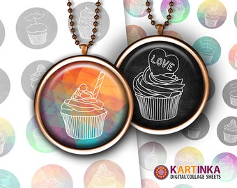 1.5 inch, 1 inch (25mm) size Printable Images CUPCAKES Download Digital Circles for Bottle caps Round pendants Bezel trays Cabochons Jewelry