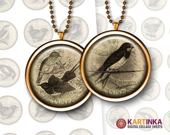 VINTAGE BIRDS - 1 inch & 1.5 inch images for resin pendants bezel settings magnets DIY craft bottle caps Jewelry Making Glass Cabochon Arts