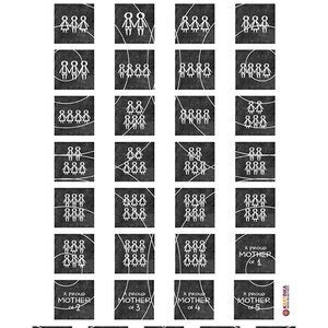 May include: A collection of black and white square graphics featuring stick figures representing families of varying sizes. Each square has a white curved line design. The bottom row of squares reads "A PROUD MOTHER of" followed by a number.