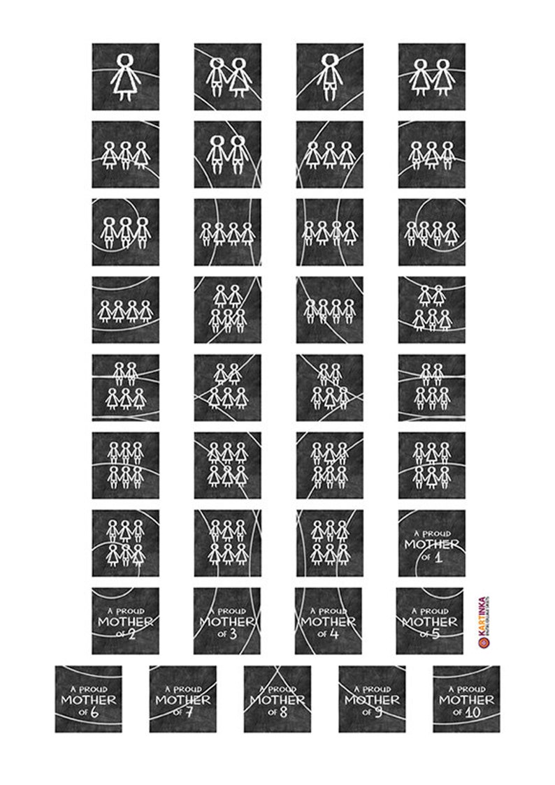 May include: A collection of black and white square graphics featuring stick figures representing families of varying sizes. Each square has a white curved line design. The bottom row of squares reads "A PROUD MOTHER of" followed by a number.