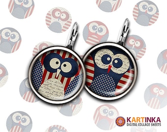 20mm, 18mm, 10mm, 12mm size Printable Images 4th of JULY OWLS for Earrings Cuff links Pendants Crafts Rings Bottle Caps, Printable Downloads