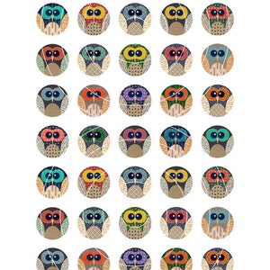 May include: A sheet of digital collage circles featuring owl designs. Each owl has a unique color scheme, with patterns and textures in shades of blue, orange, green, and purple. The owls are set against a white background.