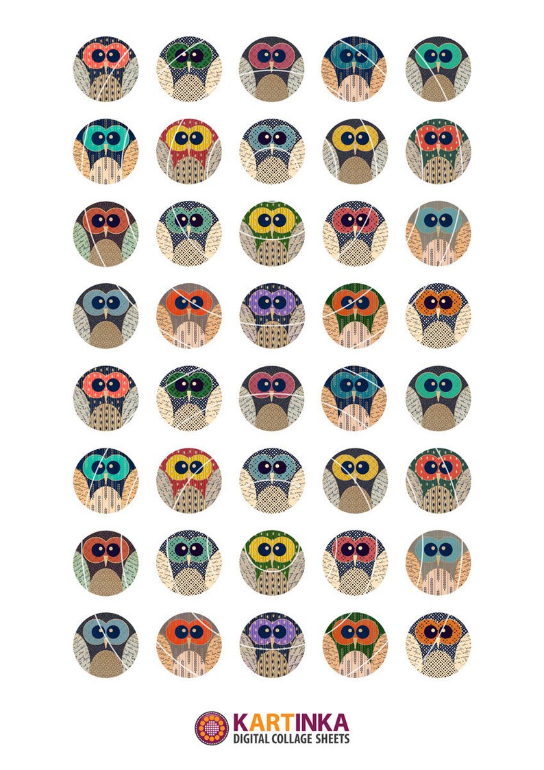 May include: A sheet of digital collage circles featuring owl designs. Each owl has a unique color scheme, with patterns and textures in shades of blue, orange, green, and purple. The owls are set against a white background.