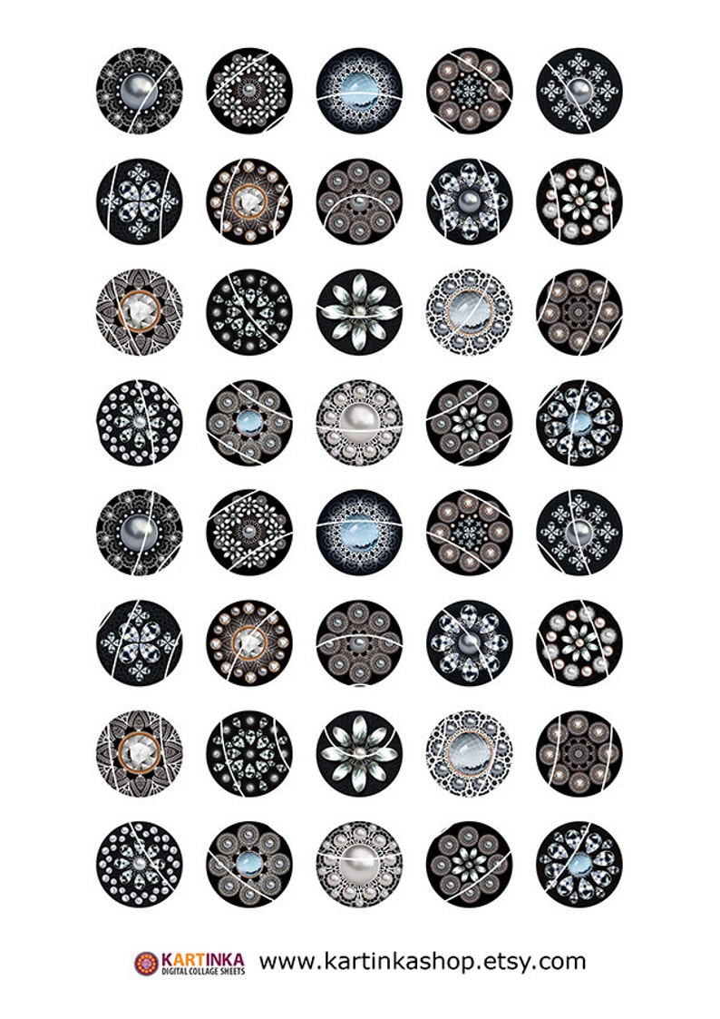 K&ouml;nnte beinhalten: Ein Bogen mit digitalen Collage-Bl&auml;ttern mit verschiedenen runden Designs. Jedes Design ist ein schwarzer Kreis mit komplizierten Mustern und Verzierungen in Silber, Wei&szlig; und klaren Edelsteinen. Die Designs umfassen florale und geometrische Muster.