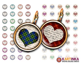 15mm & 13mm Printable Download PLAID HEARTS Images for Earrings, Cuff links, Crafts, Jewelry, Rings, Bracelets, Bottle Caps, Rings