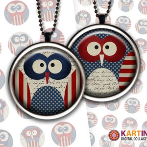May include: Two round pendant necklaces with owl designs in red, white, and blue. The owls feature patriotic patterns like stripes and polka dots. The background includes small owl illustrations and a vintage paper texture.