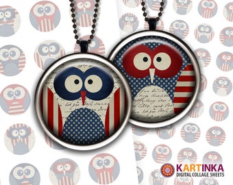 1 inch (25mm) 1.5 inch circles Digital Collage Sheet PATRIOTIC OWLS 4th Fourth of JULY Printable Download for Pendants Bottle Caps Cabochons