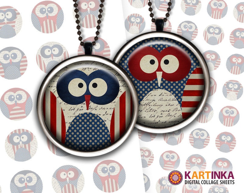 May include: Two round pendant necklaces with owl designs in red, white, and blue. The owls feature patriotic patterns like stripes and polka dots. The background includes small owl illustrations and a vintage paper texture.