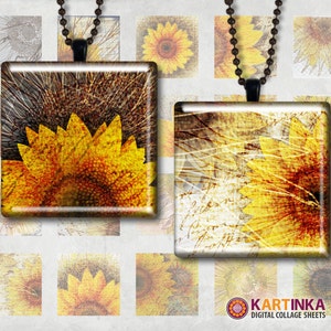 SUNFLOWERS - 1x1 inch and 7/8x7/8 inch Squares Digital Collage Sheet Printable Download for Pendants Magnets