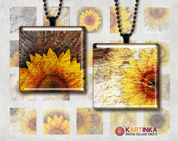 SUNFLOWERS - 1x1 inch and 7/8x7/8 inch Squares Digital Collage Sheet Printable Download for Pendants Magnets