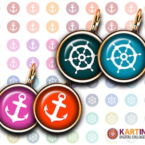 Puede incluir: Pendientes con temática náutica. Los pendientes tienen marcos dorados y presentan anclas y timones en fondos magenta, naranja, turquesa y verde azulado. El fondo tiene patrones repetidos de anclas y timones.